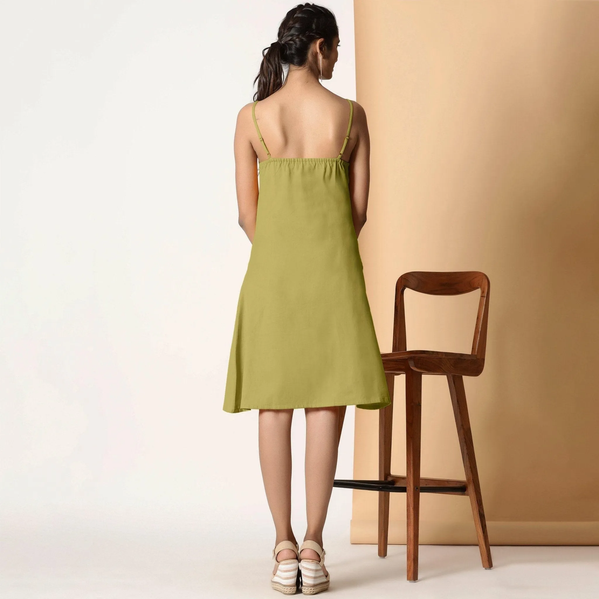 Olive Green Cotton Flax Knee Length Strappy Slit Dress