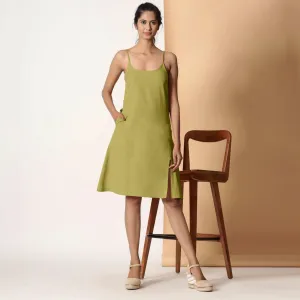 Olive Green Cotton Flax Knee Length Strappy Slit Dress