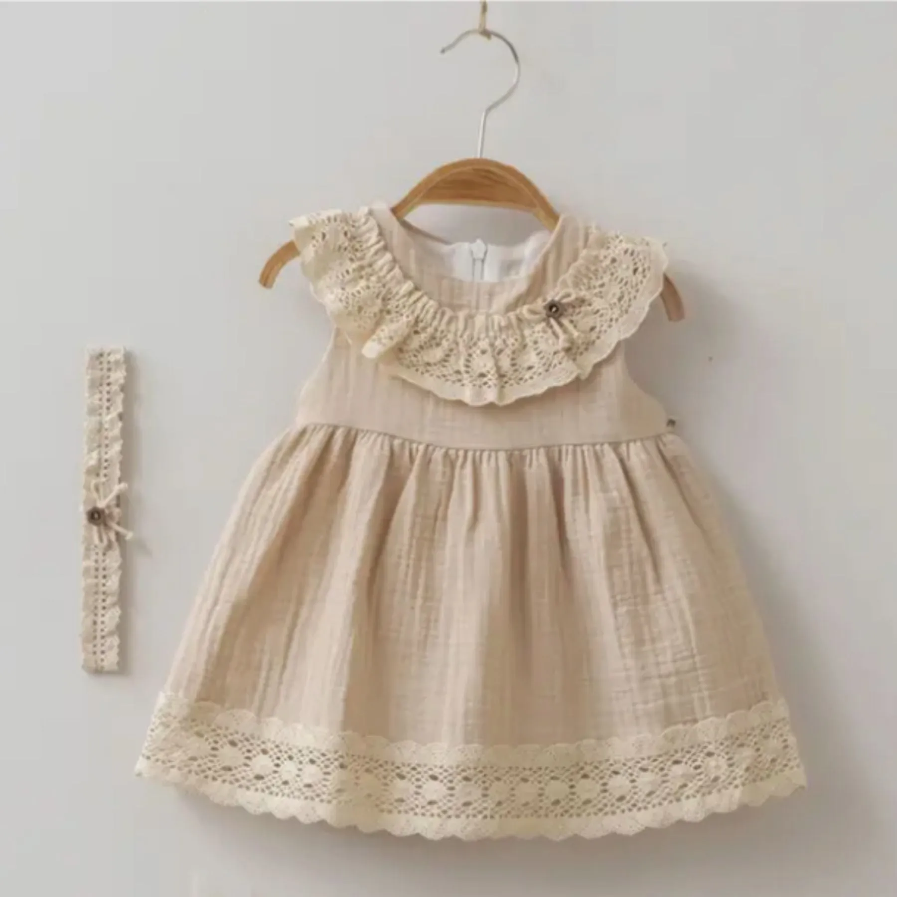 Organic Muslin Vintage Dress   Headband, Cream