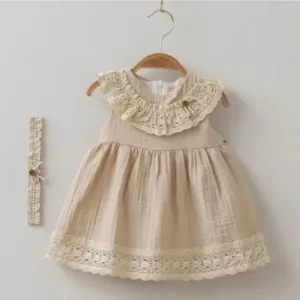 Organic Muslin Vintage Dress   Headband, Cream