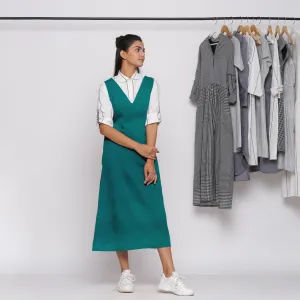 Pine Green Cotton Linen V-Neck Midi Pinafore Dress