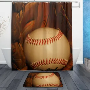 Sports Shower Curtain and Mat Set, Baseball Vintage Style Waterproof Fabric Bathroom Curtain