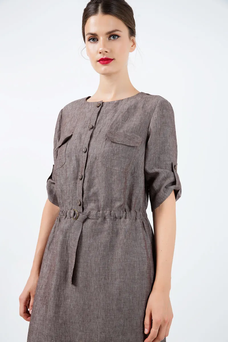 Straight Brown Linen Dress with Belt Detail