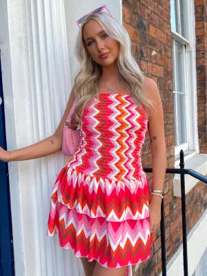 Strapless Gypsy Skirt Dress - Orange/Pink ZigZag Print
