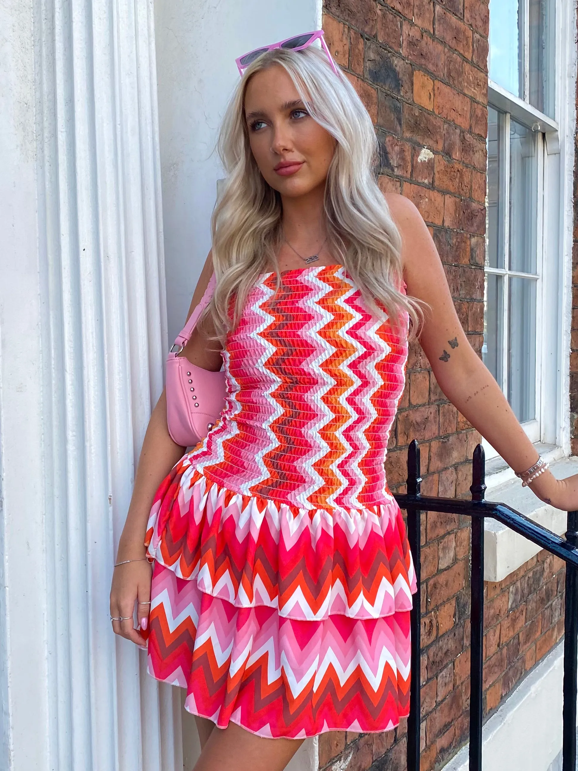 Strapless Gypsy Skirt Dress - Orange/Pink ZigZag Print