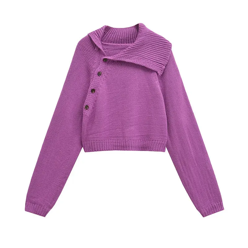 TAVIMART  -  New Fashion Slanted Collar Knitted Women's Pullover Solid Color Single Breasted Short Sweater Women Casual Comfortable Sweaters