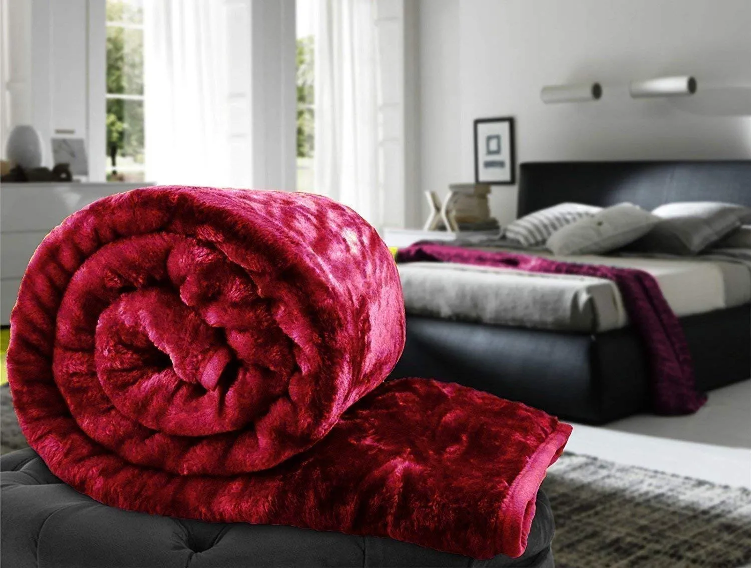 Tisha-Double Bed Blanket King Size Heavy Winter Mink Soft AC Room Fleece All Weather Warm kambal Panipat Made Maroon Color 255 x 230, breathable