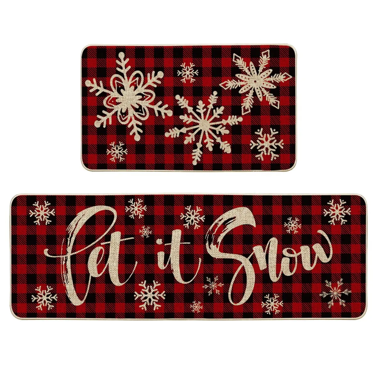 versatile Smile Buffalo Plaid Snow Christmas Kitchen Rugs Set of 2, Let It Snow Xmas Winter Holiday Party Low-Profile Floor Mat Decorations for Home Kitchen - 17x29 and 17x47 Inch 17'x29', 17'x47' 17'x29', 17'x47'