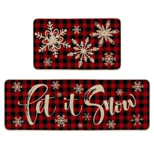 versatile Smile Buffalo Plaid Snow Christmas Kitchen Rugs Set of 2, Let It Snow Xmas Winter Holiday Party Low-Profile Floor Mat Decorations for Home Kitchen - 17x29 and 17x47 Inch 17'x29', 17'x47' 17'x29', 17'x47'