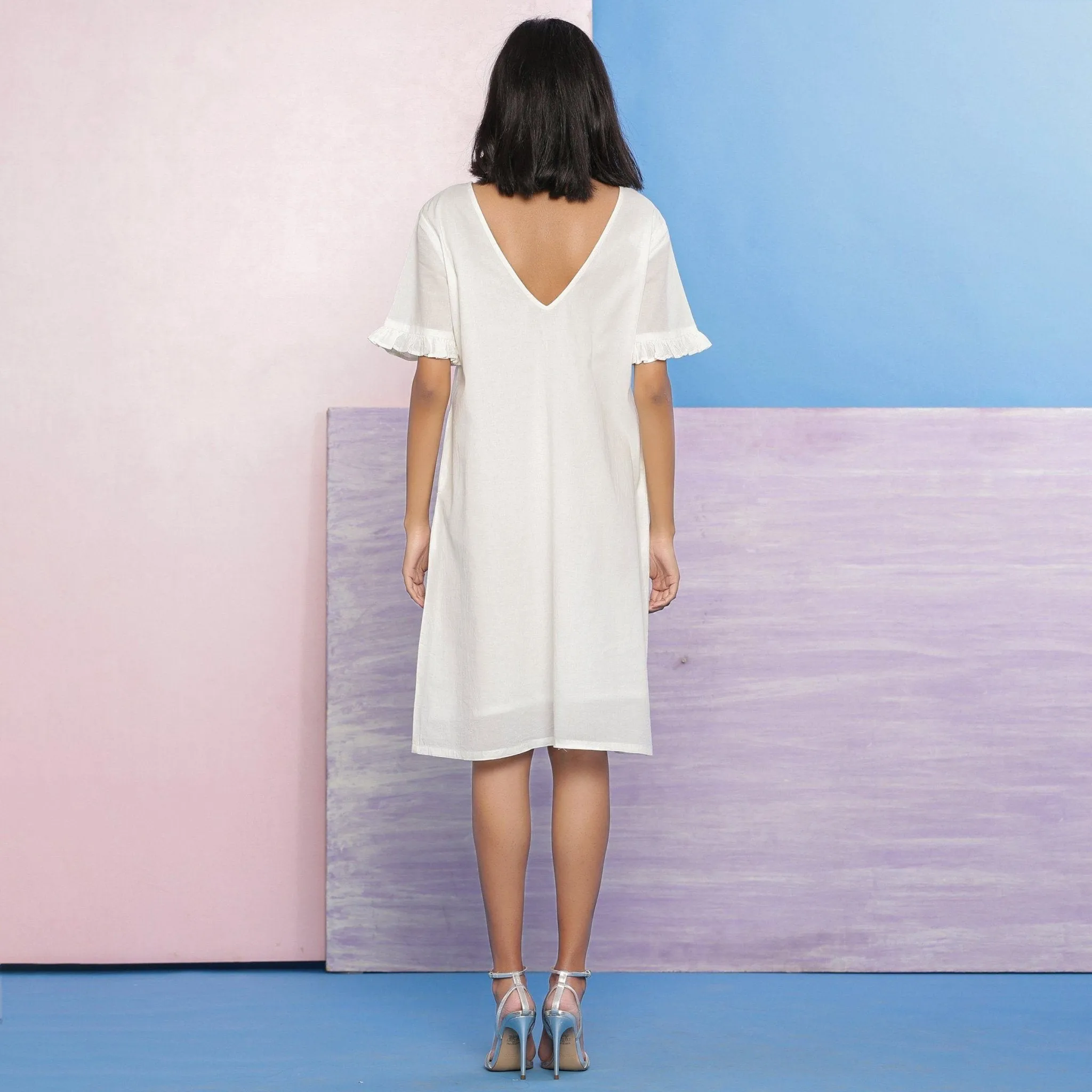 White Organic Cotton Knee Length Hand-Embroidered Shift Dress