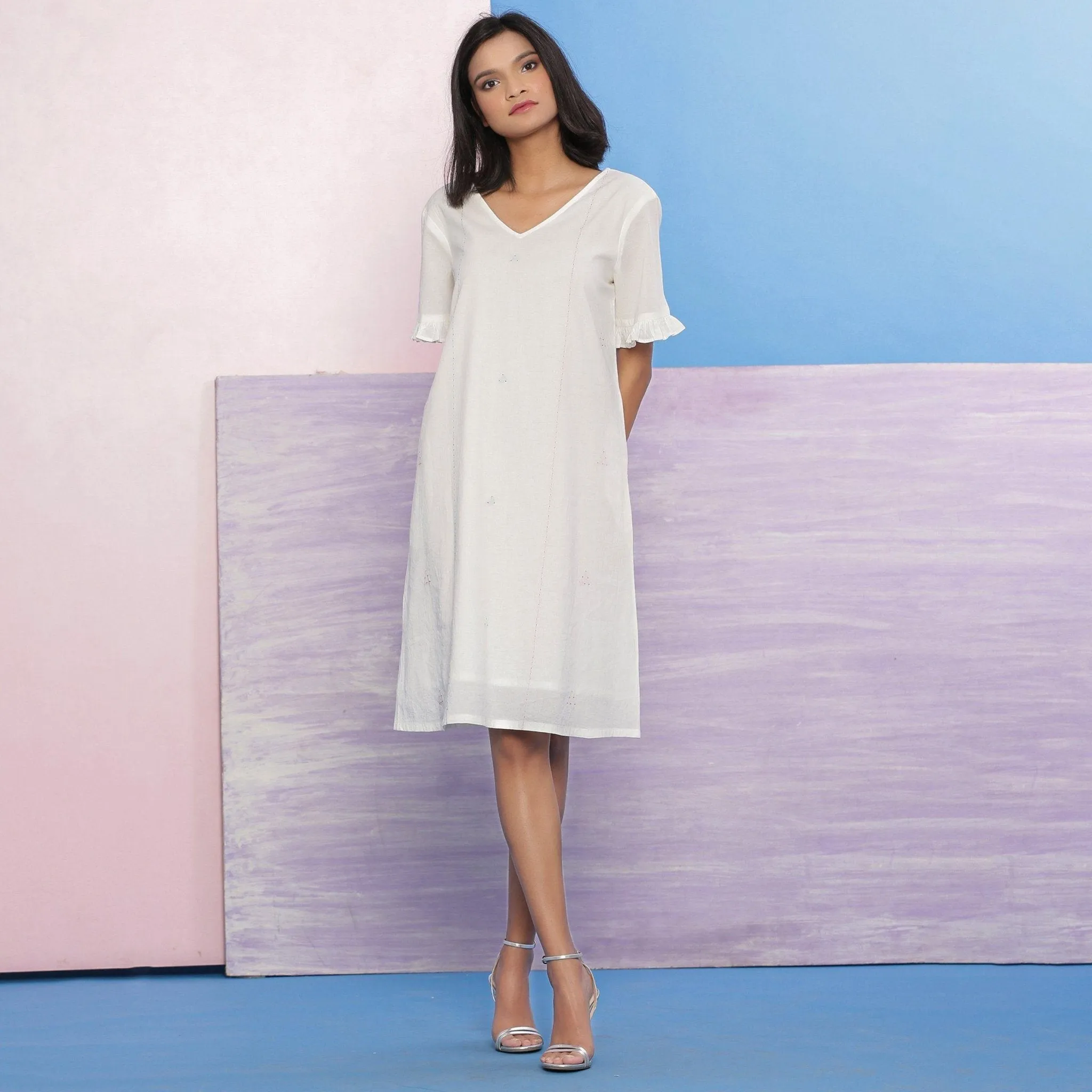 White Organic Cotton Knee Length Hand-Embroidered Shift Dress