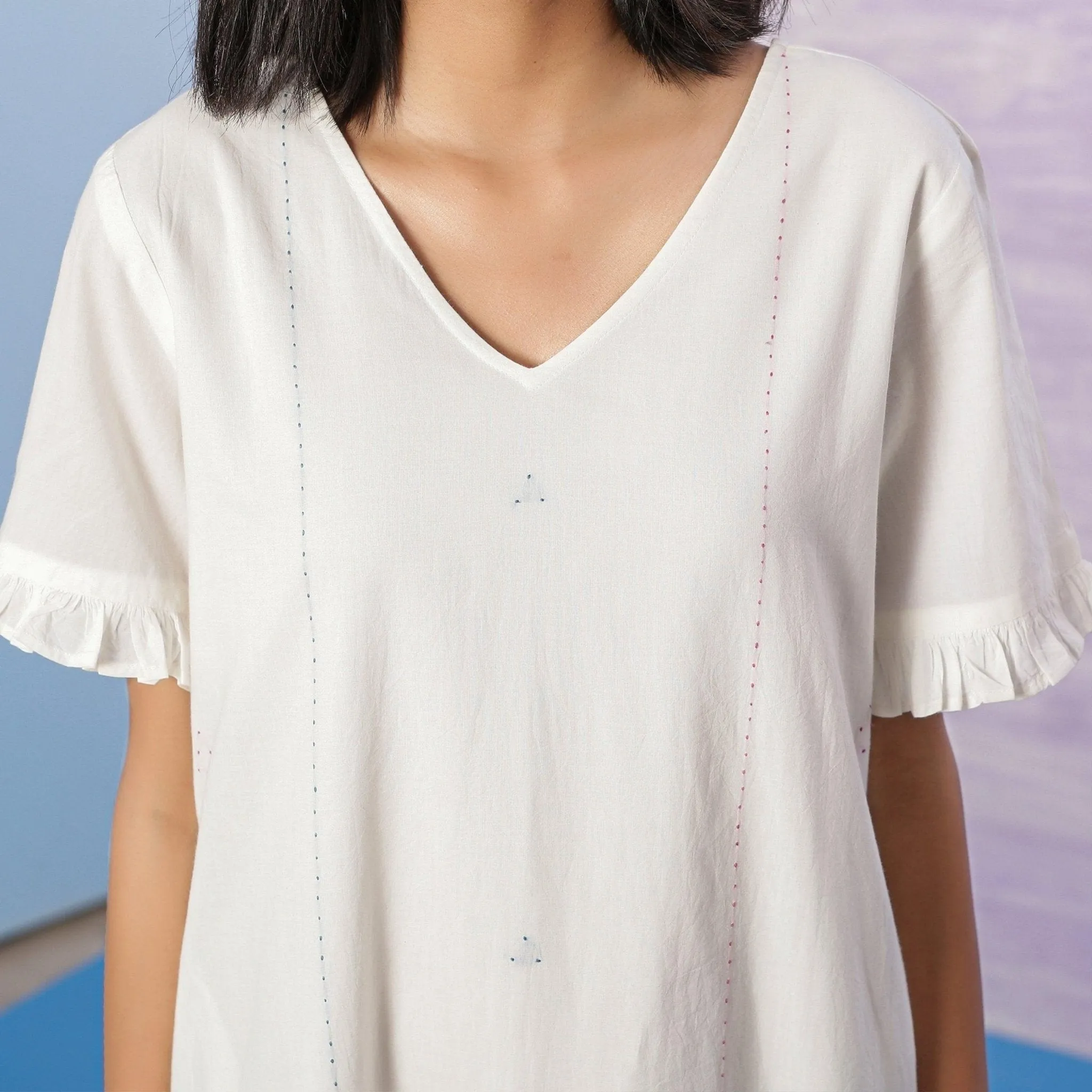 White Organic Cotton Knee Length Hand-Embroidered Shift Dress