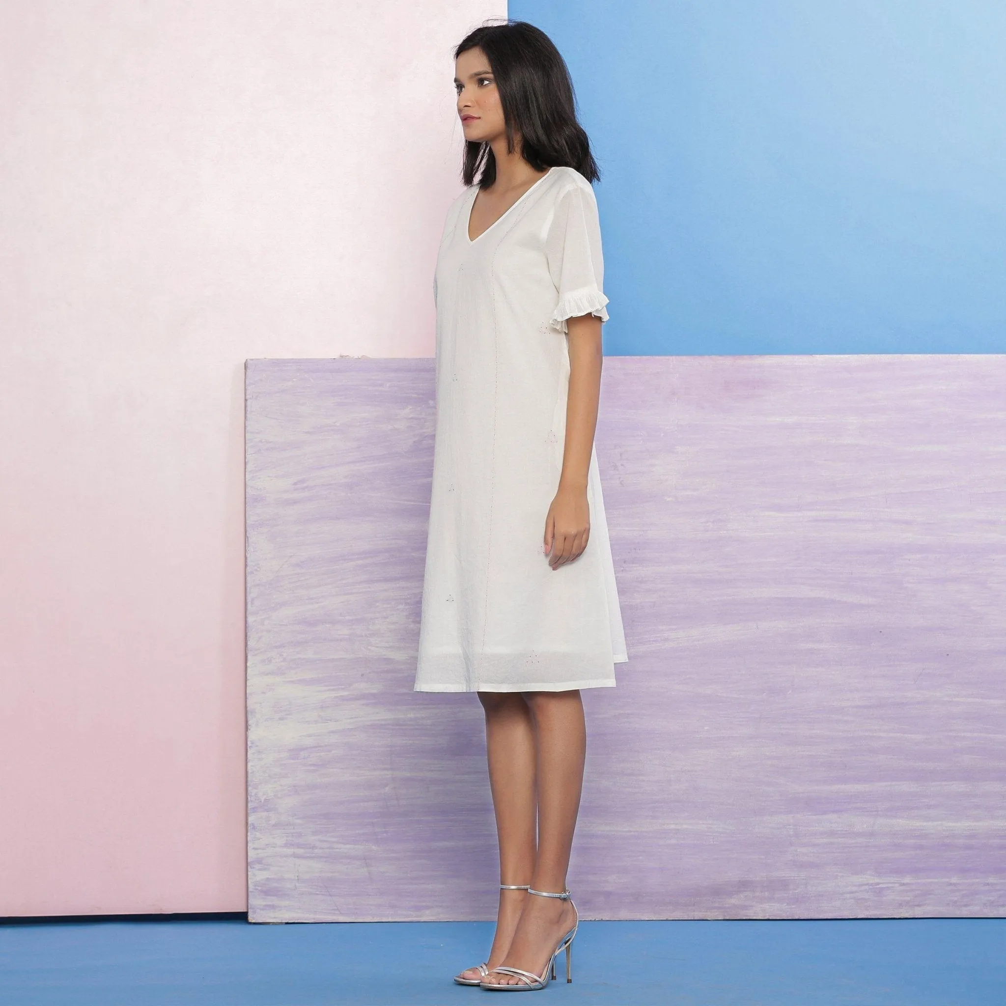 White Organic Cotton Knee Length Hand-Embroidered Shift Dress