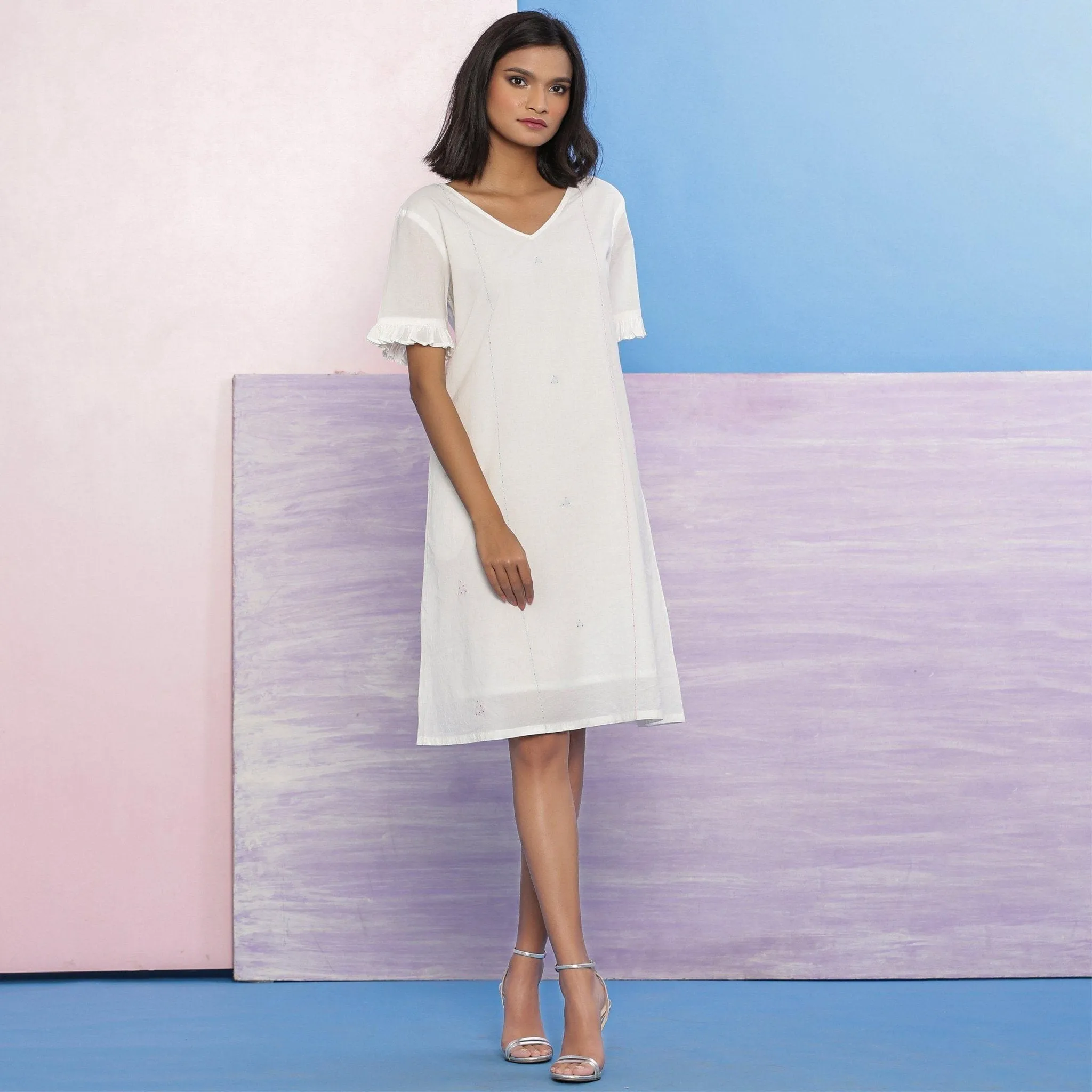 White Organic Cotton Knee Length Hand-Embroidered Shift Dress