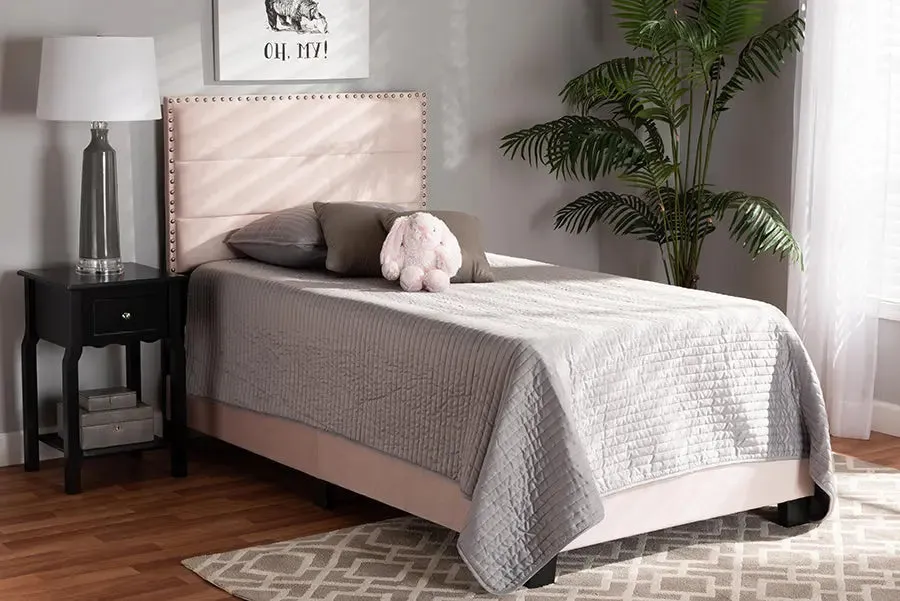 Yolanda Light Pink Velvet Fabric Upholstered Panel Bed (Twin)