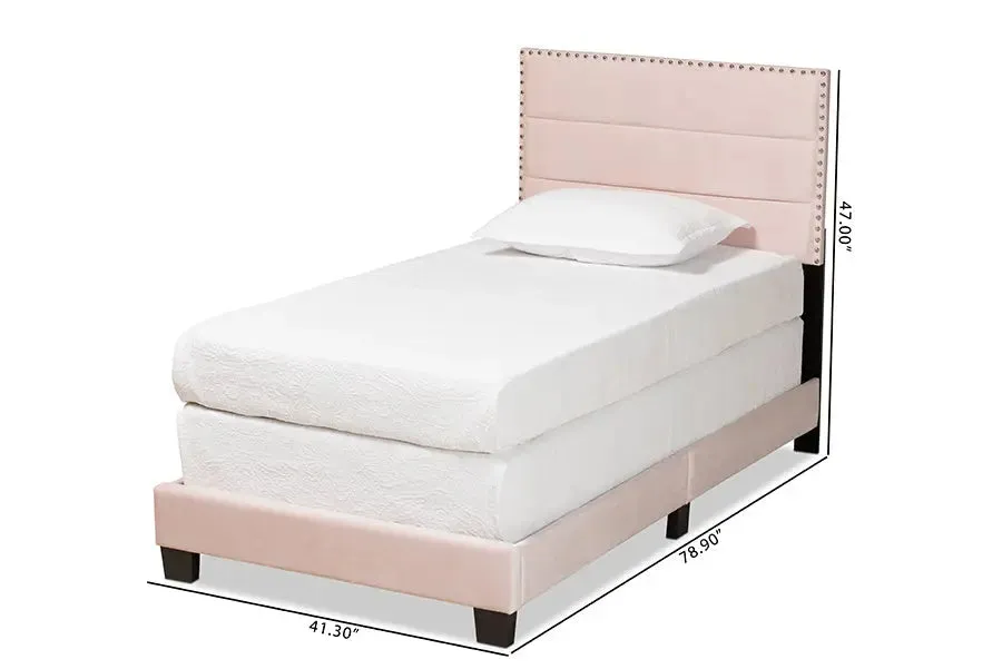 Yolanda Light Pink Velvet Fabric Upholstered Panel Bed (Twin)