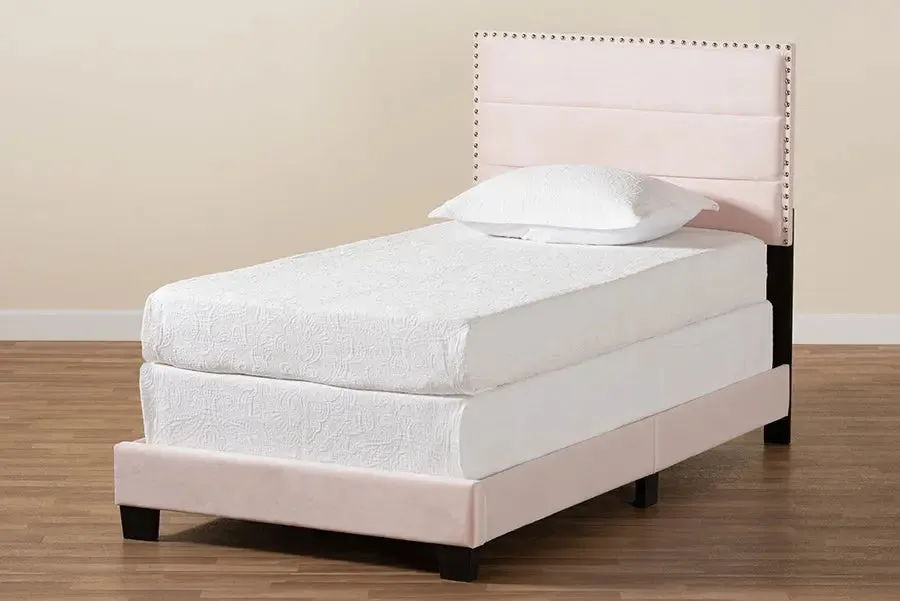 Yolanda Light Pink Velvet Fabric Upholstered Panel Bed (Twin)